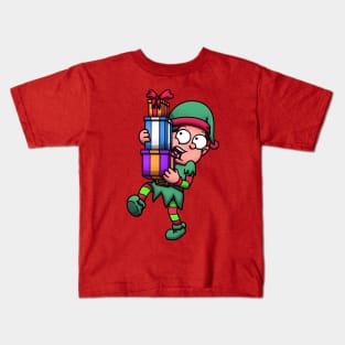 Female Christmas Elf Carrying Stack Of Christmas Presents Kids T-Shirt